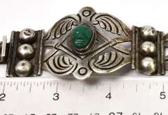 Eye-Catching Carved Green Stone Bangle in Sterling Silver