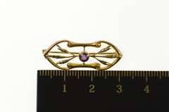 10K Yellow Gold Amethyst Ornate Scroll Leaf Accent Bar Pin/Brooch