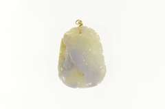 14K Yellow Gold Carved Green & Lavender Jadeite Cat Dragon Pendant