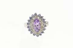 10K White Gold Marquise Amethyst CZ Syn. Tanzanite Halo Ring