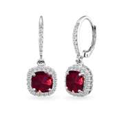 925 Silver Created Ruby Cushion-Cut Dangle Halo Earrings w/ White Topaz Accents