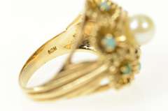 14K Yellow Gold Pearl Turquoise Floral Cocktail Statement Ring