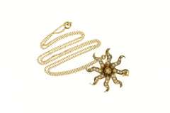 10K Yellow Gold Victorian Seed Pearl Diamond Flower Sun Necklace