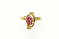 14K Yellow Gold 1940's Wavy Ruby Cluster Diamond Wave Ring