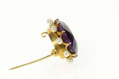 18K Yellow Gold Amethyst Pearl Halo Victorian Statement Pin/Brooch