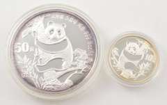 1987 China 10 Yuan & 50 Yuan 1 Oz & 5 Oz .999 Silver 2 Coin Set BOX