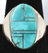 Sterling Silver Oval Turquoise Inlay Men's Ring