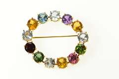 18K Yellow Gold Retro Oval Sim. Multi Colored Statement Pin/Brooch