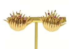 14K Yellow Gold 1960's Ruby Fanned Leaf Cluster Clip Back Earrings
