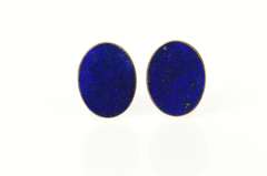 14K Yellow Gold Oval Retro Lapis Lazuli Inlay Clip Back Earrings