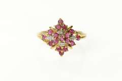 10K Yellow Gold Ornate Squared Diamond Ruby Cluster Ring