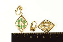 14K Yellow Gold 1960's Jade Ornate Squared Layered Look Clip Earrings