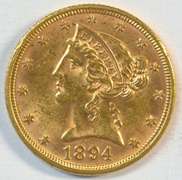 Fully struck BU 1884-P US $5 Liberty Gold Piece