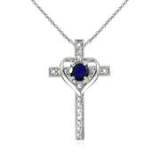 Sterling Silver Created Blue Sapphire Cross Heart Pendant Necklace