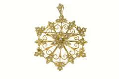 9K Yellow Gold Victorian Ornate Seed Pearl Flower Filigree Pendant/Pin