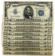 Ten (10) 1934 Series $5 Blue Seal Silver Certificates