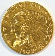 Better date 1909 US $2.50 Indian Gold Piece. Choice BU