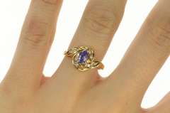 14K Yellow Gold Tanzanite Diamond Swirl Halo Statement Ring