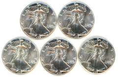 Five (5) Better date Gem BU 1986 $1 American Silver Eagles