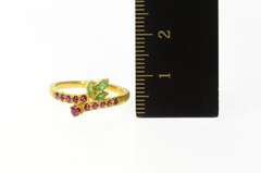 22K Yellow Gold Ruby Emerald Leaf Cluster Bypass Statement Ring