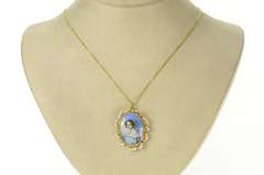 14K Yellow Gold Victorian Ornate Painted Lady Seed Pearl Pendant/Pin