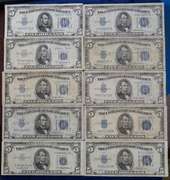 Lot Of Ten Circulated $5 Silver Certificates, Lower Grade.