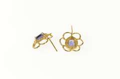 14K Yellow Gold Iolite Scalloped Trim Statement Stud Earrings