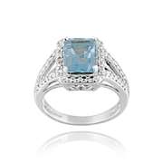 Sterling Silver 3.4ct Emerald-Cut Blue Topaz & Diamond Accent Ring
