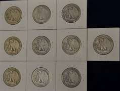 Lot Of Ten Circulated Walking Liberty Half Dollars.