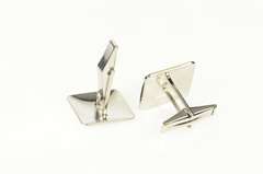 14K White Gold Classic Retro Diamond Satin Finish Squared Cuff Links