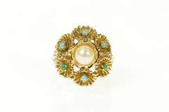 14K Yellow Gold Pearl Turquoise Floral Cocktail Statement Ring
