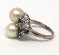 Handsome 18kt Double Pearl Ring w Sapphire and Diamonds