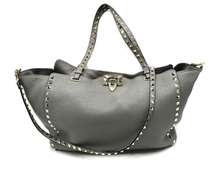 Valentino Rockstud Pebbled Leather Grey Tote