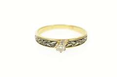 14K Yellow Gold Retro Diamond Solitaire Leaf Pattern Promise Ring