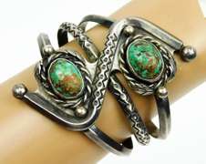 Early Signed PF Navajo Sterling Turquoise Cuff Bracelet