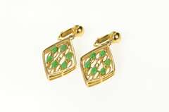 14K Yellow Gold 1960's Jade Ornate Squared Layered Look Clip Earrings