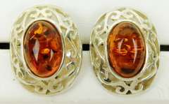Sterling Filigree & Amber Cabochon Earrings