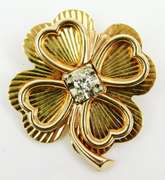Heavy 14K Diamond 4-Leaf Clover Brooch