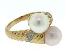 Formal Yellow Gold Double Pearl & Diamond Bypass Ring