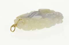 14K Yellow Gold Carved Green & Lavender Jadeite Cat Dragon Pendant