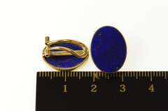 14K Yellow Gold Oval Retro Lapis Lazuli Inlay Clip Back Earrings