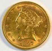 BU 1897 US $5 Liberty Gold Piece. Full strike