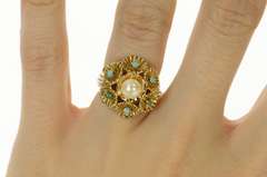 14K Yellow Gold Pearl Turquoise Floral Cocktail Statement Ring