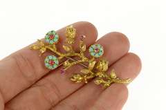 14K Yellow Gold Ornate Turquoise Ruby Flower Statement Pin/Brooch