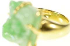 18K Yellow Gold Ornate Carved Jade Lemur Squared Statement Ring