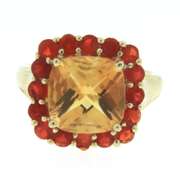 Graceful Yellow Gold Citrine & Mexican Fire Opal Halo Ring