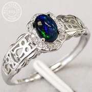 GENUINE ETHIOPIAN BLACK OPAL & CREATED WHITE SAPPHIRE 925 STERLING SILVER RINGADJUSTABLE OPEN RING
