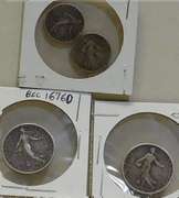 France: 4 pc Silver 50 cen & 1 Franc, World War 1 era