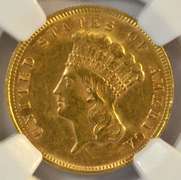 Super Near BU 1878 US $3 Gold Piece. NGC AU58