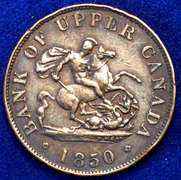 2 Canadian Coins. 1850 Halfpenny Bank Token, 1858 Province Of Canada One Cent Medal Alignment.